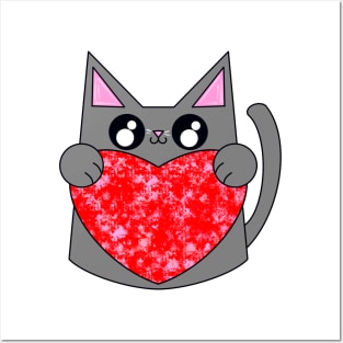 Smoky The Gray Cat With Valentines Heart Posters and Art